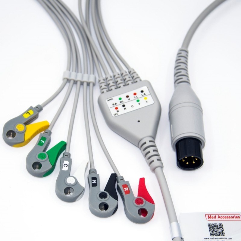 Medische BCI-ECG-monitorkabel 6 pin 5 leidingen Multifunctionele 0,9m Grootte